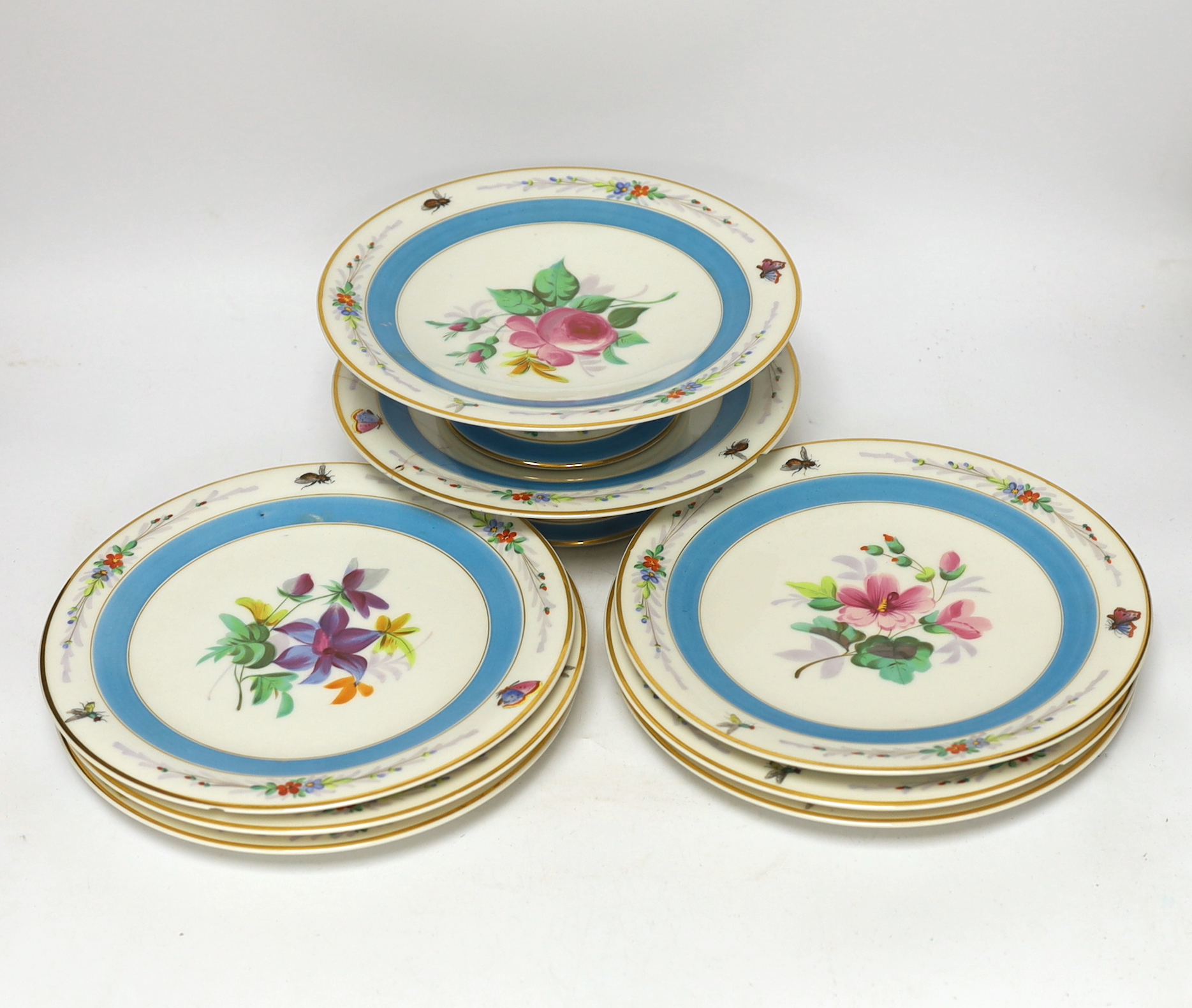 A French mid 19th century floral dessert set, with six plates and two pedestal dishes